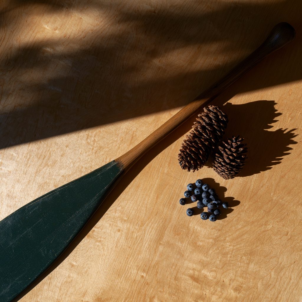 A canoe paddle, pinecones, and wild blueberries on a sunlit birch table