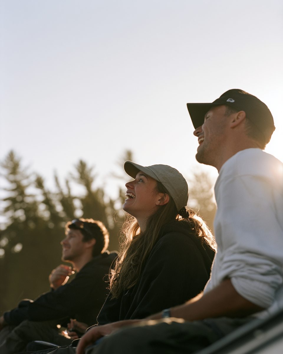 Community members laughing together outdoors by a Northern Ontario lake at golden hour
