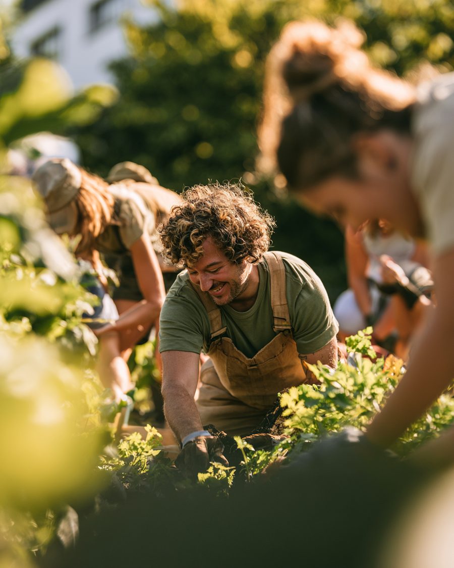 Community members volunteering together in a garden on a sunny day