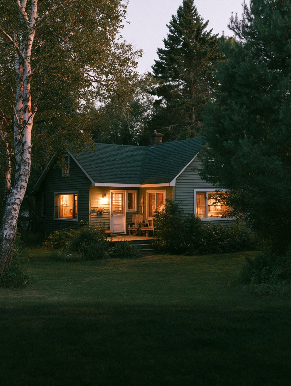 A warm, lamplit northern Ontario home among birch and pine at dusk