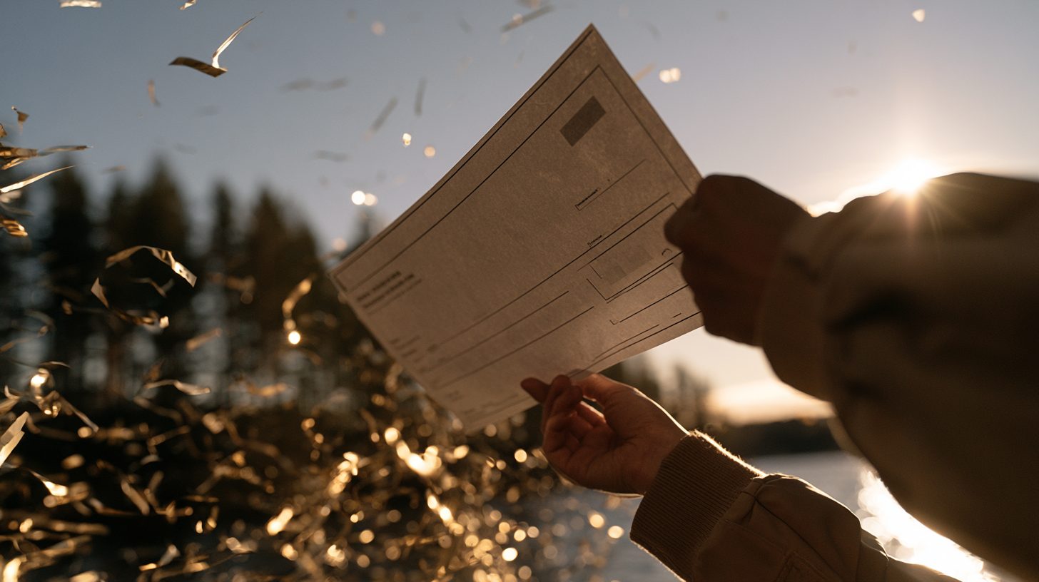 A raffle winner holding an oversized cheque by a northern lake as gold confetti falls